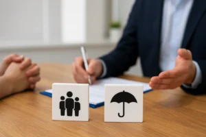 Business meeting about family insurance with life protection icons and a person signing documents at a desk.