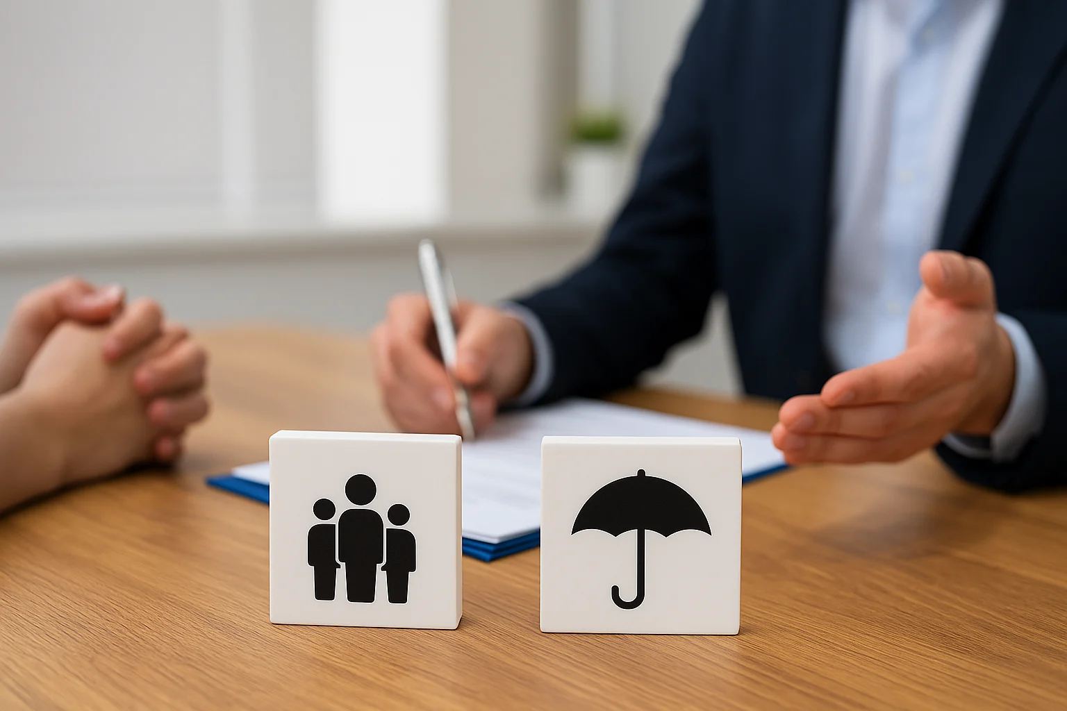 Business meeting about family insurance with life protection icons and a person signing documents at a desk.