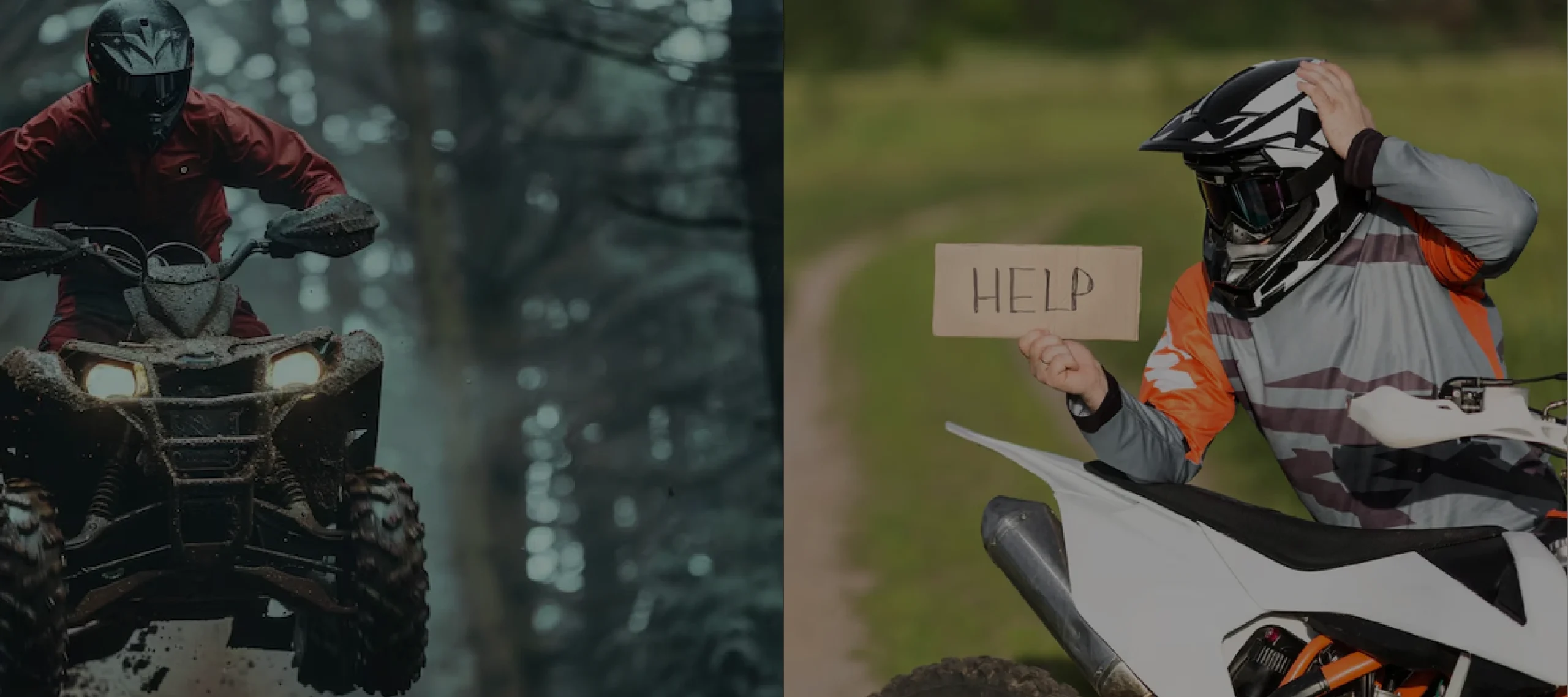 Two ATV riders in different situations – one riding confidently through a forest trail, the other holding a 'HELP' sign after an accident – highlighting the need for ATV insurance in Pennsylvania.